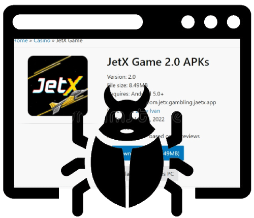 Captura de tela exibindo a página de download de 'JetX Game 2.0 APKs' com informações de versão e tamanho do arquivo, acima da tela uma figura de bug