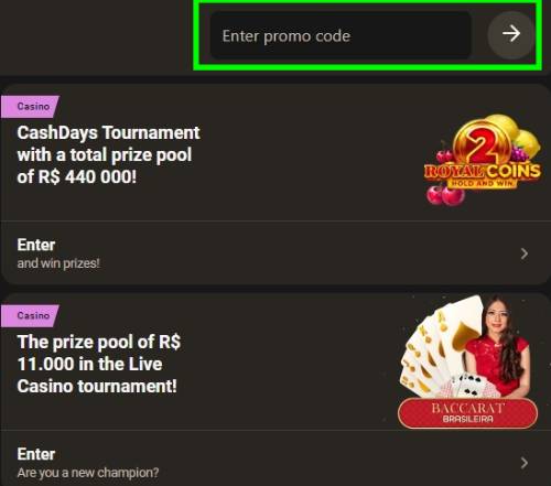 Captura de tela de uma página de promoções de cassino com um campo para 'Inserir código promocional', seguido por duas ofertas publicitárias: 'Torneio CashDays' e 'Torneio de Cassino ao Vivo'