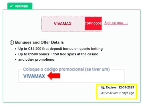 Uma captura de tela de uma página de oferta promocional, verificada com um código promocional 'VIVAMAX' disponível para copiar e detalhar informações sobre o uso de bônus