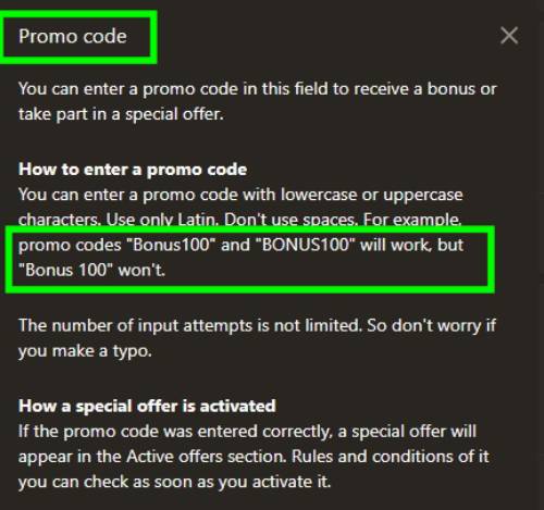 An informational overlay explaining how to enter a promo code for a special offer. It highlights that the code must be in Latin characters without spaces, giving 'Bonus100' as an example.