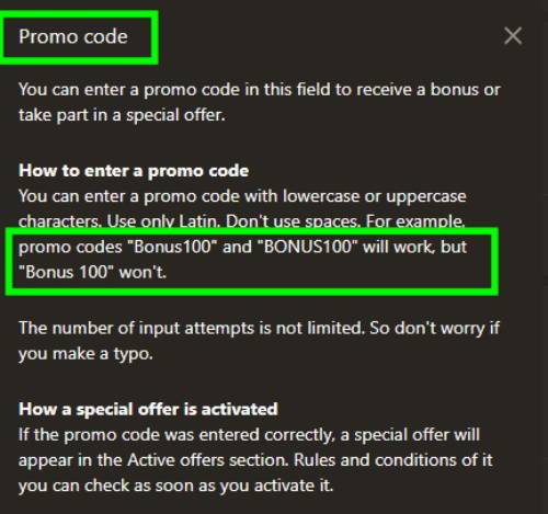 Uma sobreposição informativa explicando como inserir um código promocional para uma oferta especial. Destaca que o código deve estar em caracteres latinos sem espaços, dando como exemplo 'Bonus100'.