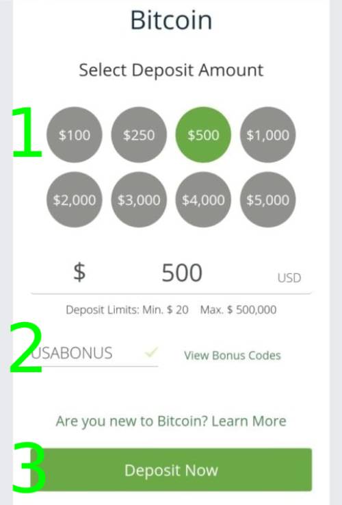 A screenshot of a cell phone showing a Bitcoin deposits with preset amounts ranging from $100 to $5,000. A dropdown menu labeled 'USABONUS' with an option to view bonus codes, and a link for newcomers to learn more about Bitcoin. A green 'Deposit Now' button is at the bottom."