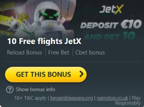 Casino promotion banner for 'JetX' game, offering '10 Free flights JetX' with a €10 deposit. Features the 'GET THIS BONUS' call-to-action button, and mentions Reload Bonus, Free Bet, and Cbet bonus. 