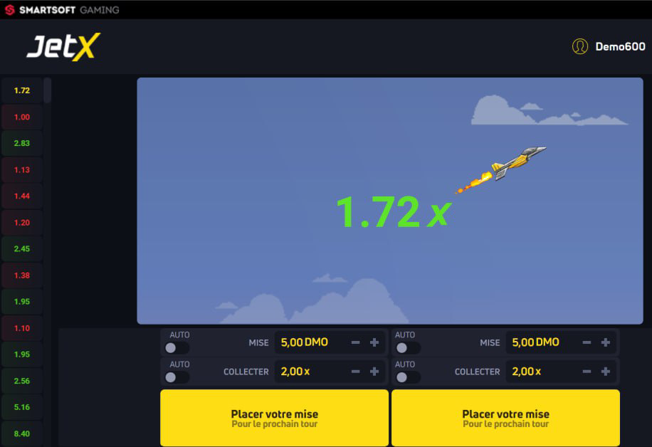 Capture d'écran de l'interface de jeu JetX, d'une fusée en vol avec un multiplicateur de 1,72x et des options de paris