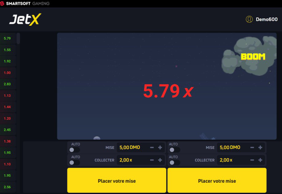 Une interface de jeu JetX avec un multiplicateur et des options de paris