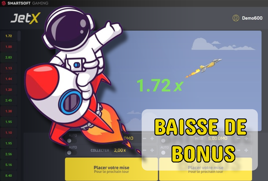 Fond d'interface de jeu JetX avec astronaute et texte Baisse de bonus