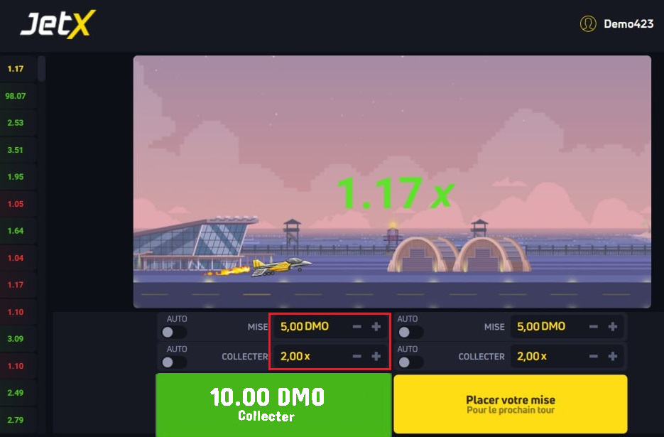 Interface de jeu JetX affichant un multiplicateur avec des options de paris