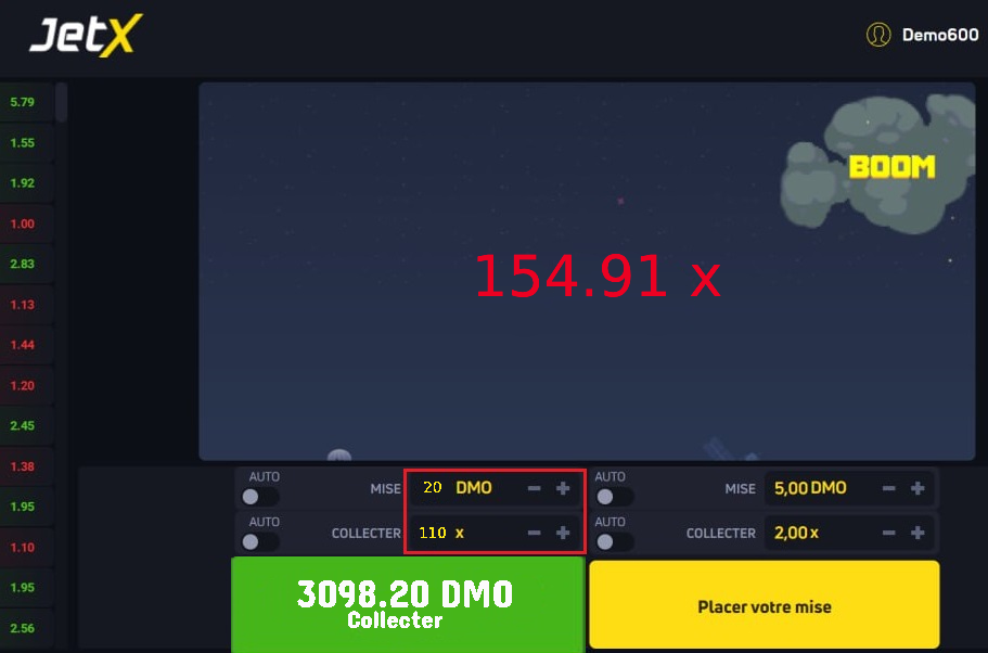 Un écran de jeu JetX affichant des options de paris élevées et un multiplicateur avec des graphismes explosifs
