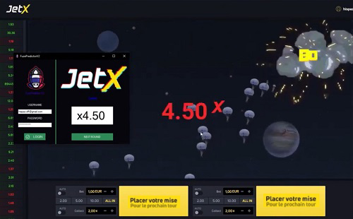 L'interface du jeu JetX, dans la fenêtre qui apparaît, est un panneau JetX avec un multiplicateur et les données d'un compte personnel