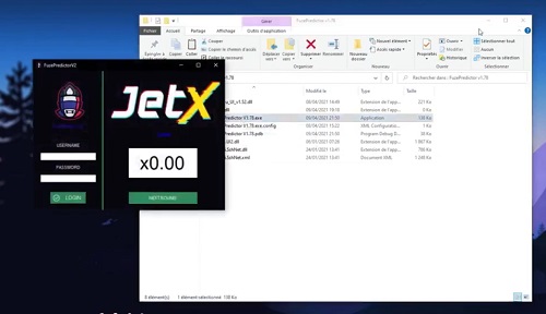 Uma tela de computador mostrando um multiplicador de jogo JetX de x0,00, sobreposto em uma área de trabalho com janelas do explorador de arquivos.