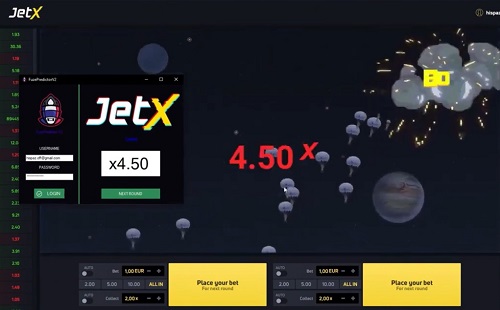 A interface do jogo JetX exibindo um jogo ao vivo com um multiplicador de x4,50 e gráficos com tema espacial. Na janela que aparece está o painel JetX com um multiplicador de x4,50 e dados de conta pessoal.