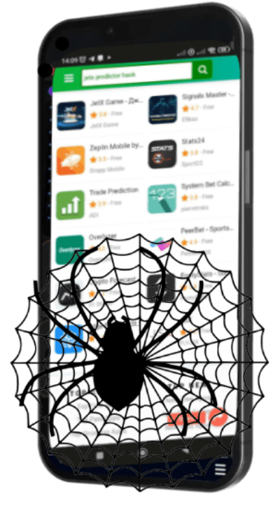 A cell phone with a spider web on the screen with hack software.

