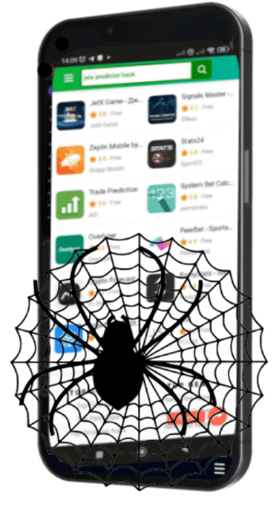 Um celular com uma teia de aranha na tela com software de hack.