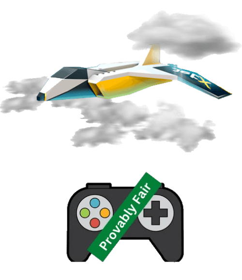 A rocket flying through the clouds with a gaming controller labeled 'Provably Fair'.