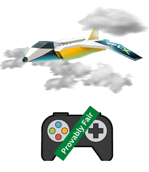 Une fusée volant à travers les nuages avec une manette de jeu étiquetée Provably Fair