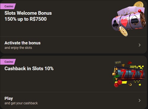 Banners promocionais para um cassino: O primeiro banner oferece um 'Bônus de Boas-Vindas em Slots de 150% até R$ 7.500' e o segundo banner promove 'Cashback em Slots 10%' com imagens de máquinas caça-níqueis clássicas.