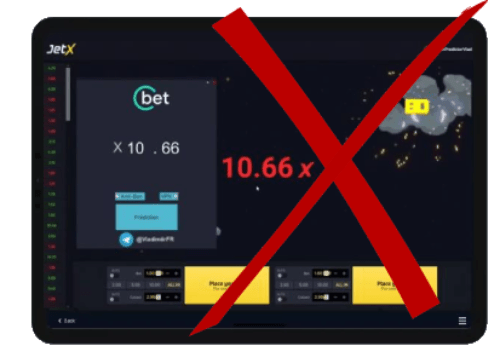 Uma interface de jogo para JetX com opções de apostas, um multiplicador '10,66x' exibido na tela, tudo riscado com um grande 'X' vermelho indicando proibição.