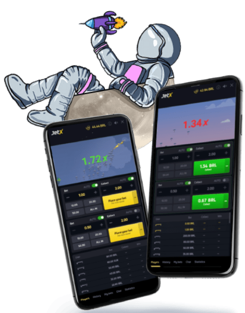 Two smartphones displaying JetX game interface with multipliers of 1.72x and 1.34x and betting options, alongside an illustration of an astronaut holding a rocket.