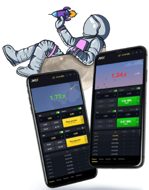 Dois smartphones exibindo interface de jogo JetX com multiplicadores de 1,72x e 1,34x e opções de apostas, ao lado de uma ilustração de um astronauta segurando um foguete.