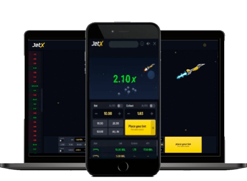 Laptop background and mobile phone displaying JetX game interface with an illustration of a rocket in the space, alongside multiplier of 2.10x and betting options.