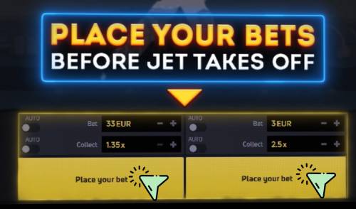 Jet interface with a dark background and yellow accents displaying a message 'PLACE YOUR BETS BEFORE JET TAKES OFF.' 