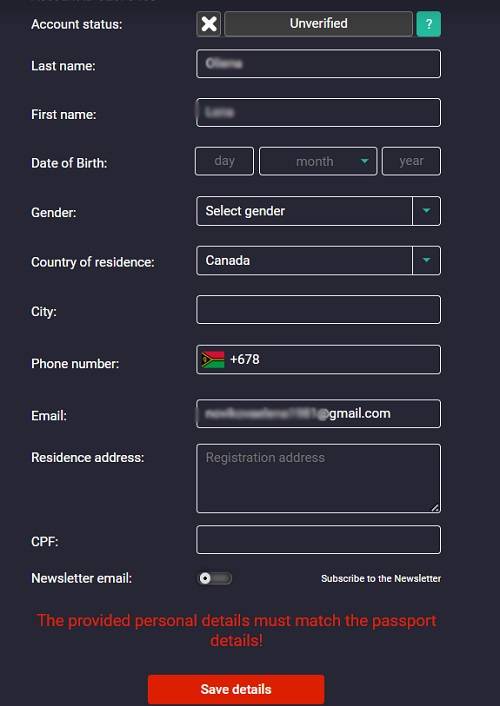 A personal details form to register in casino website on a dark background