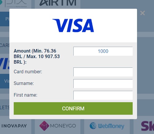 Online payment form for Visa with fields for amount entry, card number, surname, and first name, with a 'CONFIRM' button below.