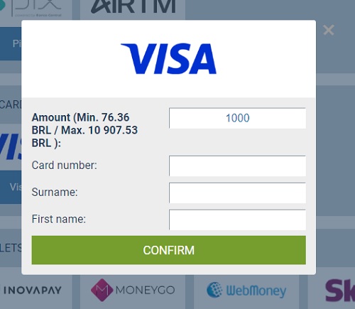 Formulário de pagamento online para Visa com campos para entrada de valor, número do cartão, sobrenome e nome, com botão 'CONFIRMAR' abaixo.