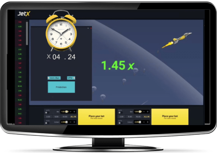 A computer monitor displaying a JetX betting game in progress, with a multiplier of 1.45x and a betting options. At the top a yellow clock showing time.