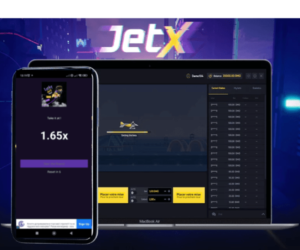 Un smartphone et un ordinateur portable montrant le jeu JetX avec un multiplicateur sur fond violet