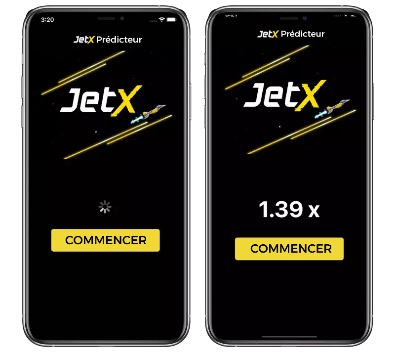 Deux écrans de smartphone affichant un prédicteur de jeu JetX avec indicateur