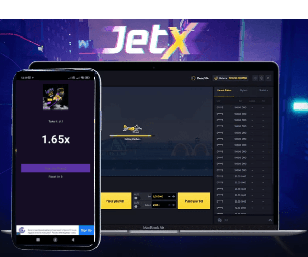 A smartphone and a laptop side by side showing the JetX game with a live multiplier of 1.65x on a vibrant, purple background.
