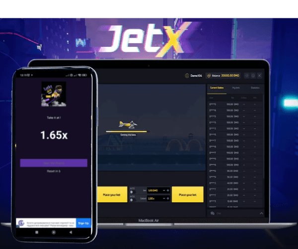 Um smartphone e um laptop lado a lado mostrando o jogo JetX com um multiplicador ao vivo de 1,65x em um fundo roxo vibrante.