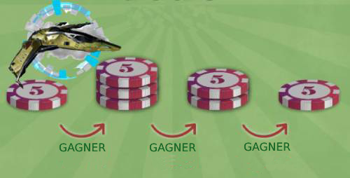 Quatre colonnes de jetons de casino avec les mots GAGNER et une fusée