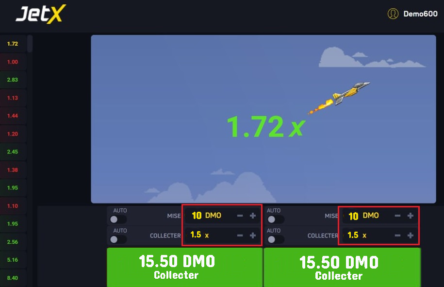 Une interface de jeu JetX montrant un vol de fusée dans le ciel avec le multiplicateur et les options de paris