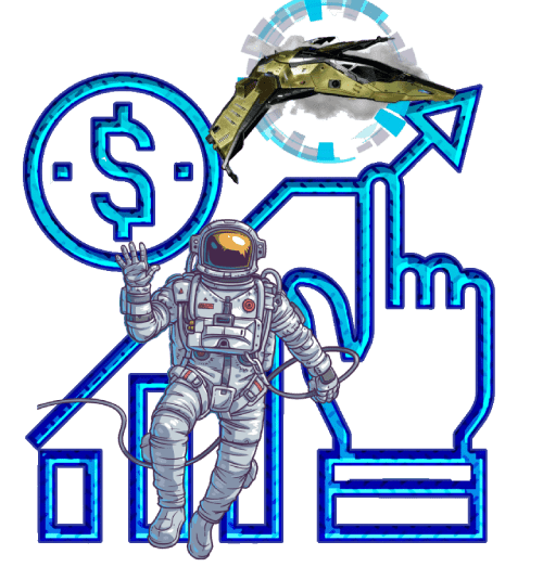 Illustration of an astronaut with a dollar sign and a rocket.