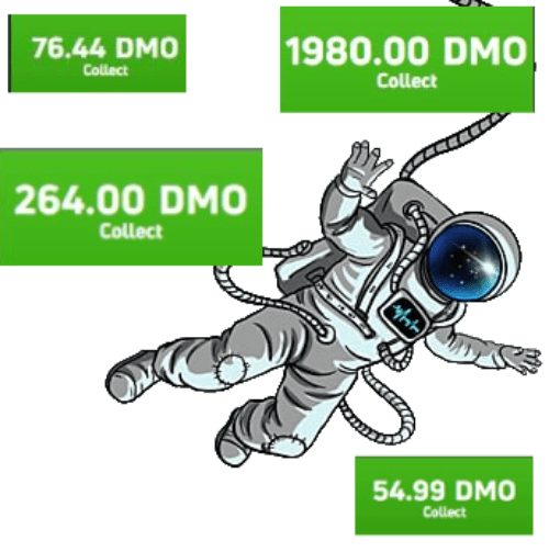 Um astronauta flutuante com vários valores de 'Coleta'.