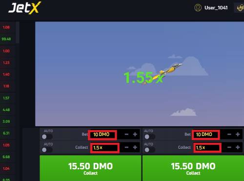 JetX game interface on a monitor showing a multiplier of 1.55x and bet collecting options with red highlighted amounts.