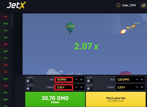 JetX betting interface displaying a 2.07x multiplier with options for placing and collecting bets with red highlighted amounts.