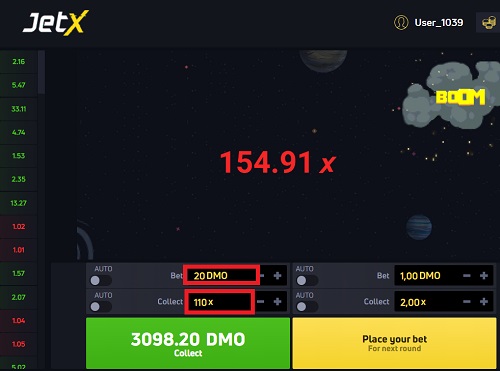 A JetX game screen showing a high multiplier of 154.91x with explosive graphics. At the bottom of the screen a betting options 'Auto', 'Bet', 'Collect' with red highlighted amounts.