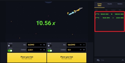 JetX gaming screen displaying a 10.56x multiplier with options to place bets for a new round with red highlighted Current stakes.