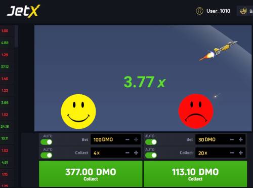 JetX game interface with a multiplier of 3.77x, happy and sad emoticons representing different bet outcomes.