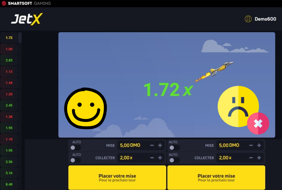 Interface de jeu JetX avec un multiplicateur, des émoticônes joyeuses et tristes