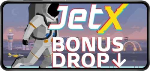 Banner featuring 'JetX Bonus Drop' with a spaceman and the JetX logo in vibrant colors against a cityscape background
