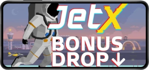 Banner apresentando 'JetX Bonus Drop' com um astronauta e o logotipo JetX em cores vibrantes contra um fundo de paisagem urbana