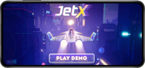 Promotional graphic for a game titled 'JetX', featuring a futuristic aircraft at the center of a neon-lit cityscape at night. A button labeled 'PLAY DEMO' is highlighted.