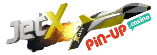 Un logo JetX 3D avec un effet d'explosion enflammé, un avion à réaction jaune et le logo PinUp casino