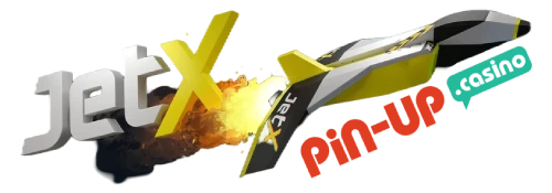 A 3D JetX logo with a fiery blast effect and yellow jet plane and Pinup.casino logo.