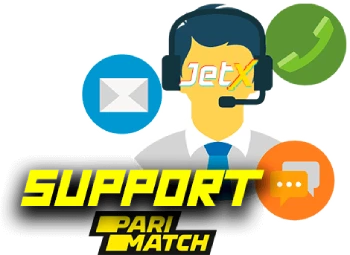 Um gráfico para suporte ao cliente mostrando um operador masculino com um fone de ouvido cercado por ícones para e-mail, chamada telefônica e chat ao vivo, com o logotipo 'JetX' e o texto 'SUPPORT PARIMATCH'.