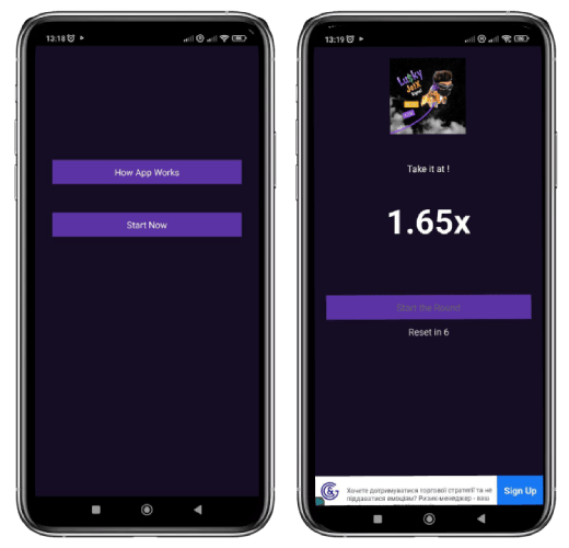 Duas telas de smartphone, uma mostrando os botões 'Como o aplicativo funciona' e 'Iniciar agora' e a outra exibindo um jogo JetX com um multiplicador de 1,65x.